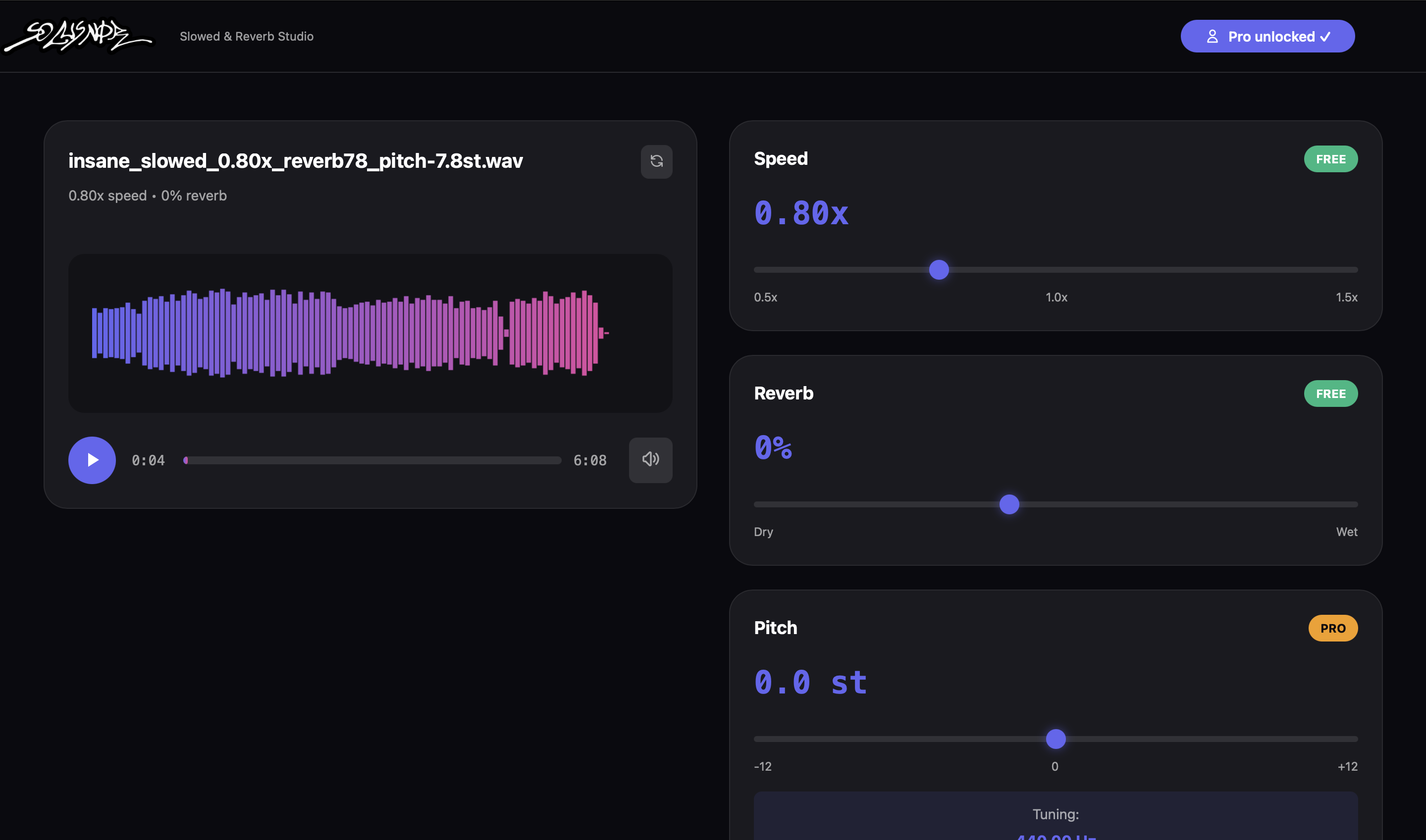 Solus Slowed & Reverb Studio Tool - Professional audio processing interface with speed and reverb controls